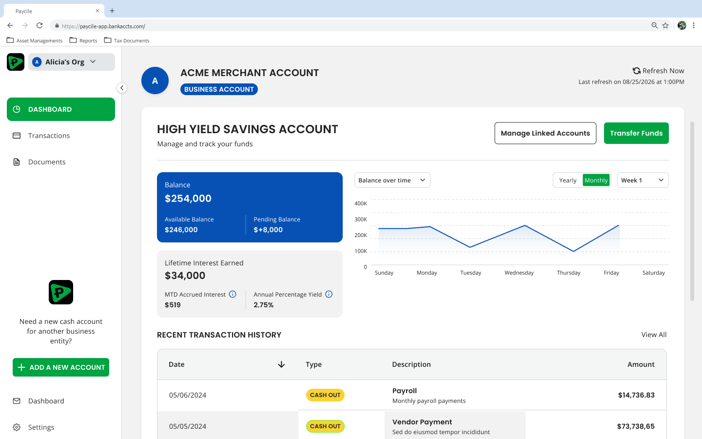Browser window showing the Paycile savings account dashboard with account balance, lifetime interest earned, a balance over time chart, deposit placement information and recent transaction history